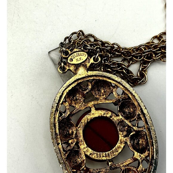 Vintage Gold-Tone Pendant Necklace With Red & White Floral Enamel Design Double - Picture 5 of 8